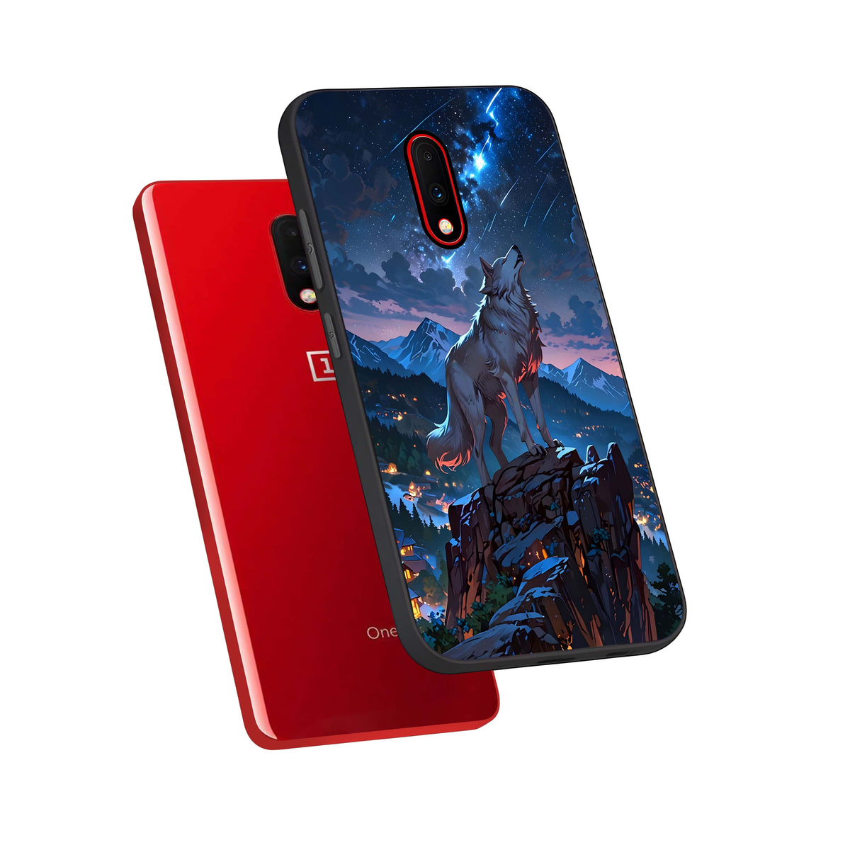  Celestial Wolf Howl phone case For OnePlus 7 showing premium glass back cover with detailed artwork