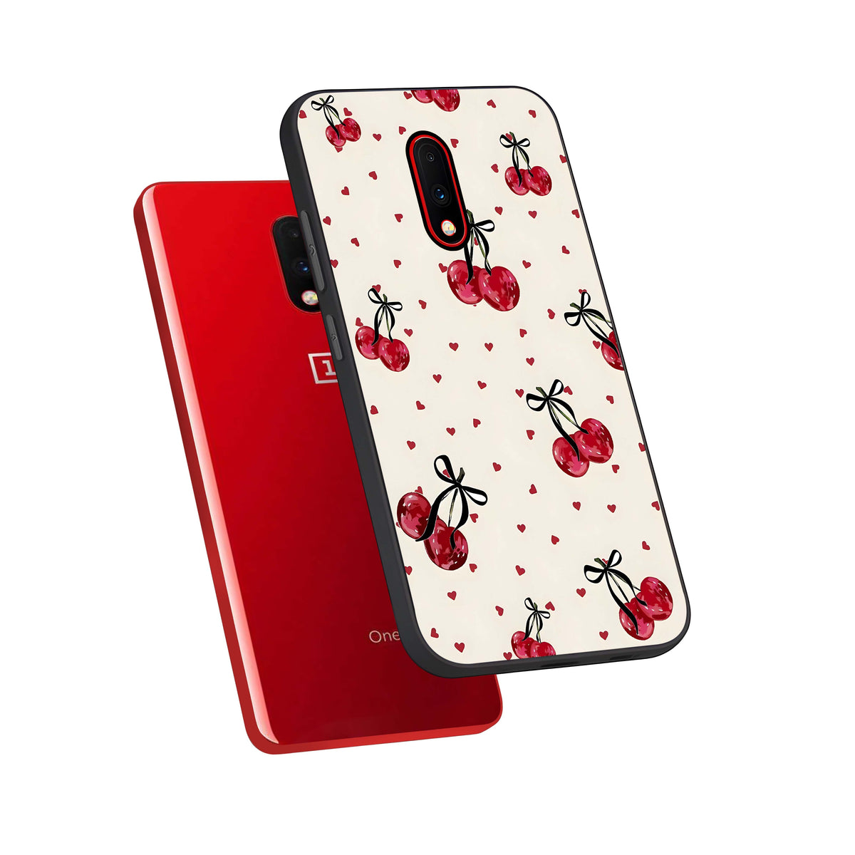  Cherry Heart Bow phone case For OnePlus 7 showing premium glass back cover with detailed artwork