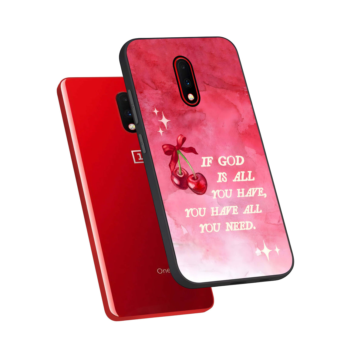  Cherry Quote phone case For OnePlus 7 showing premium glass back cover with detailed artwork