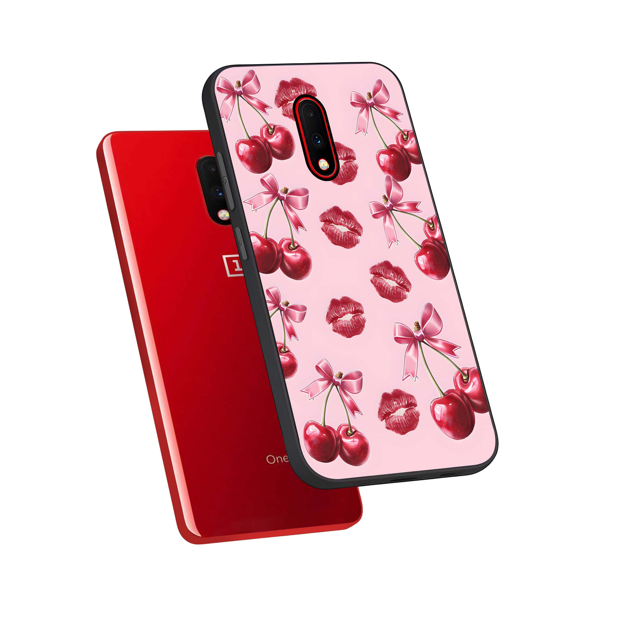  Cherry With Lips phone case For OnePlus 7 showing premium glass back cover with detailed artwork