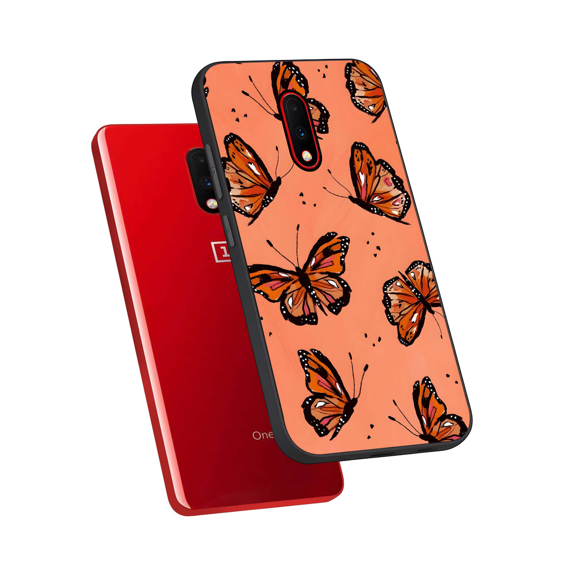  Coral Wing Butterfly phone case For OnePlus 7 showing premium glass back cover with detailed artwork
