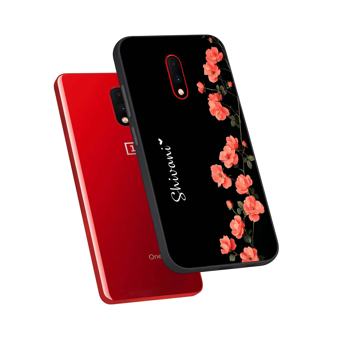  Crimson Bloom Grace Custom Name phone case For OnePlus 7 showing premium glass back cover with detailed artwork