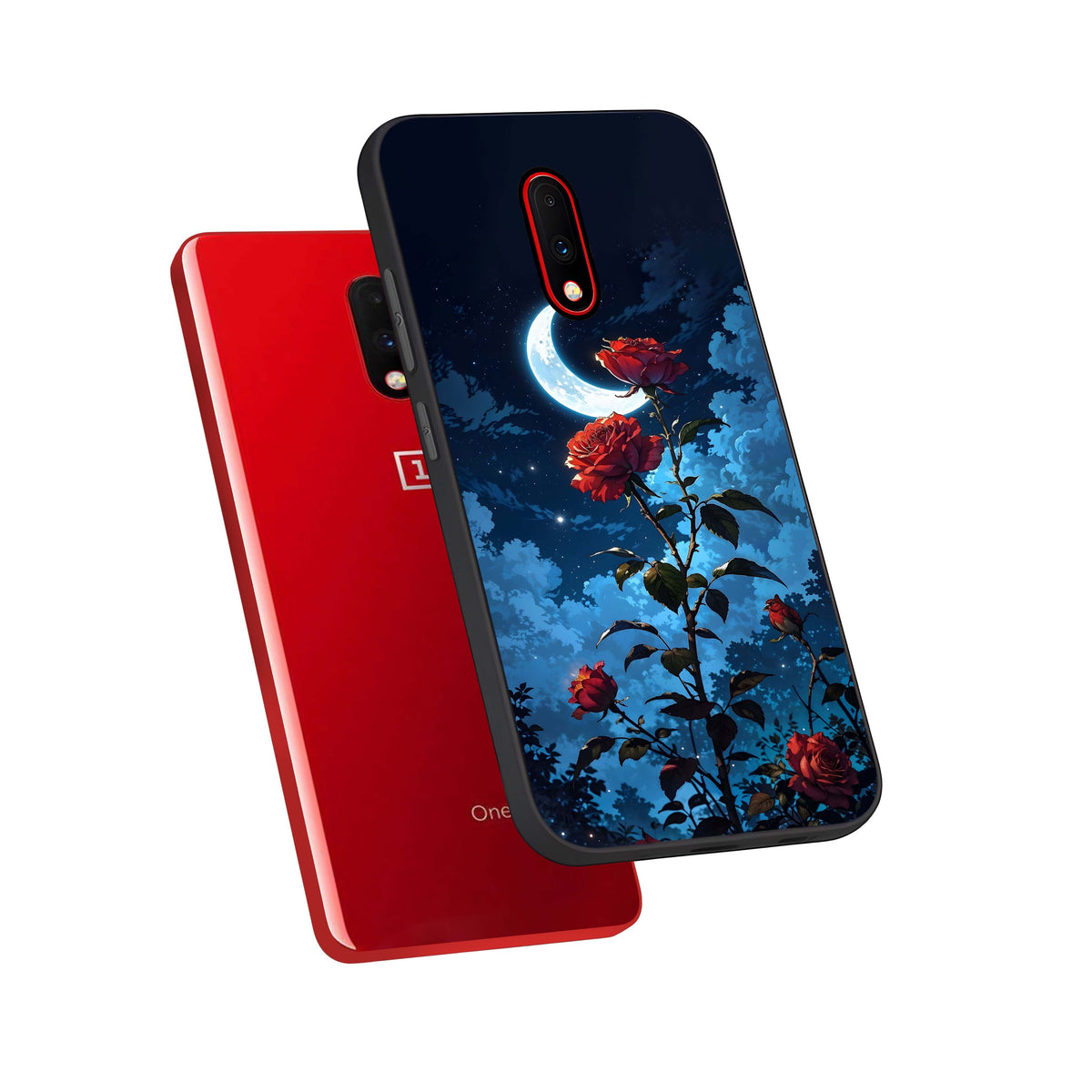  Crimson Rose Moon phone case For OnePlus 7 showing premium glass back cover with detailed artwork