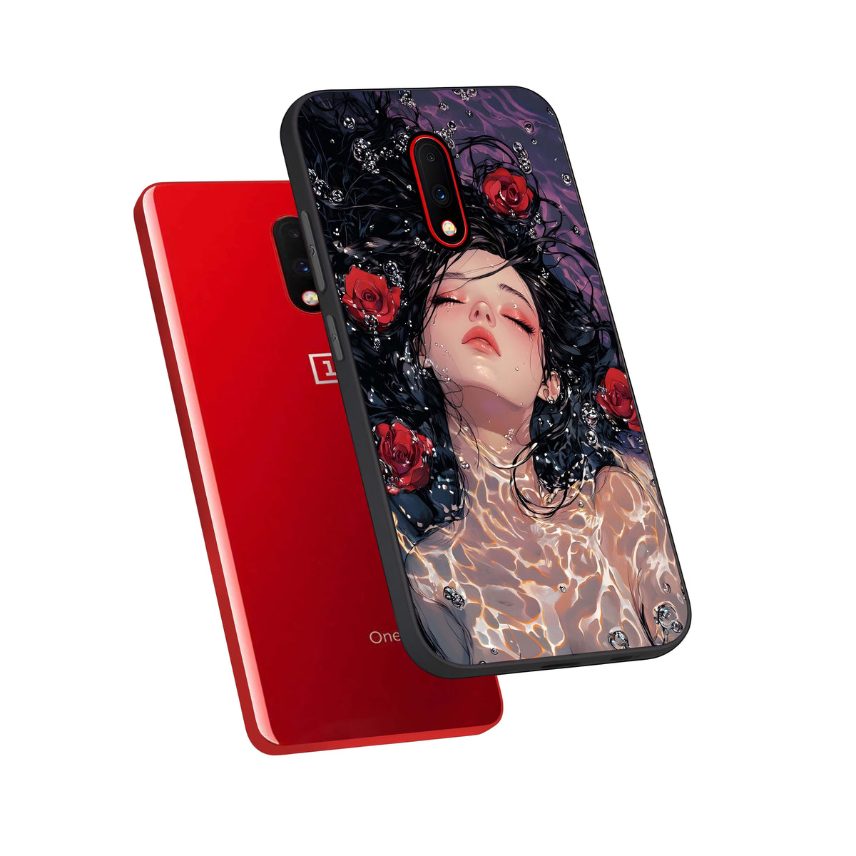  Crimson Rose Serenity phone case For OnePlus 7 showing premium glass back cover with detailed artwork