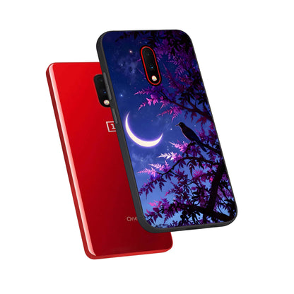  Crow And Moon Scenery phone case For OnePlus 7 showing premium glass back cover with detailed artwork