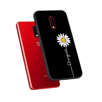  Custom Name White Flower phone case For OnePlus 7 showing premium glass back cover with detailed artwork