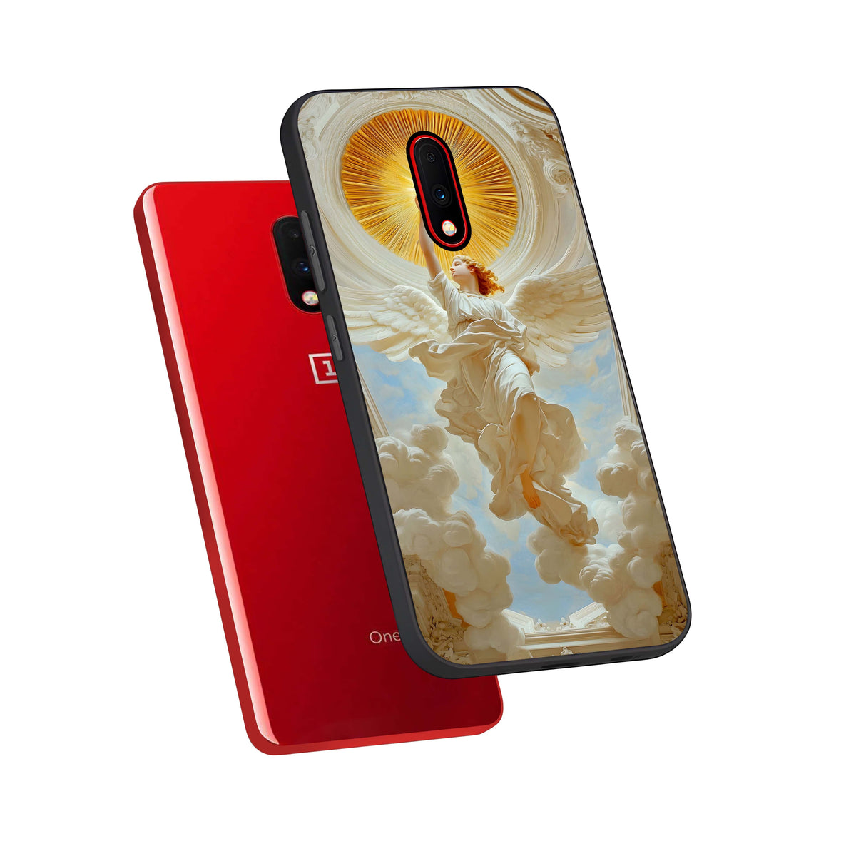 Divine Light Angel phone case For OnePlus 7 showing premium glass back cover with detailed artwork