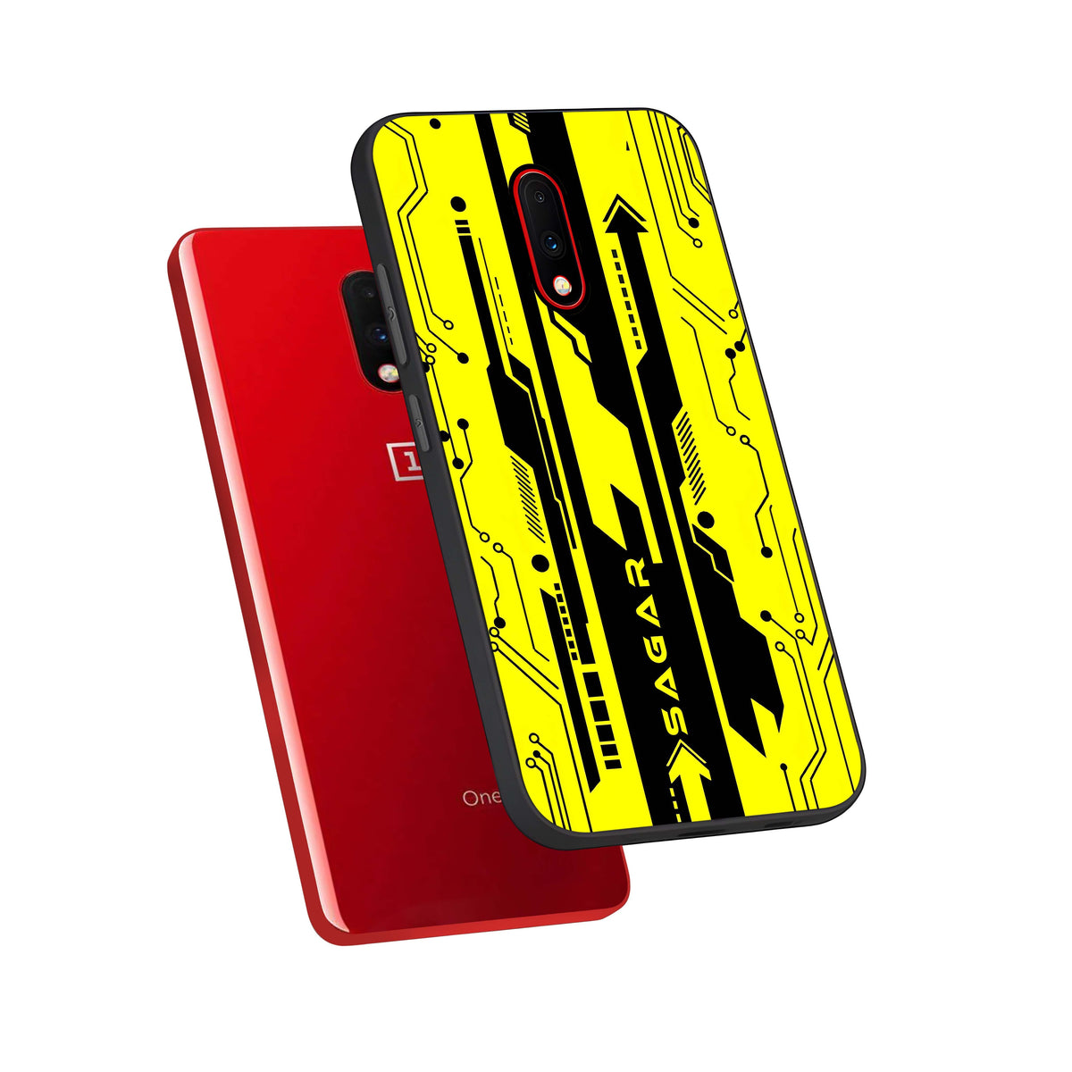  Electric Pulse CYBERPUNK Custom Name phone case For OnePlus 7 showing premium glass back cover with detailed artwork