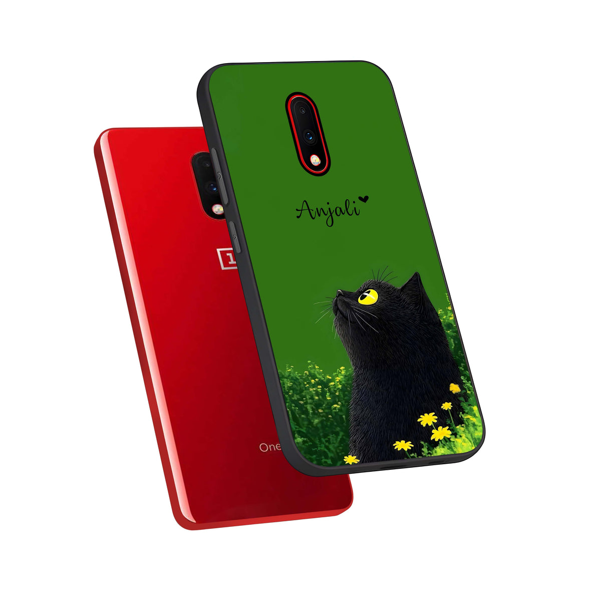  Emerald Cat Custom Name phone case For OnePlus 7 showing premium glass back cover with detailed artwork