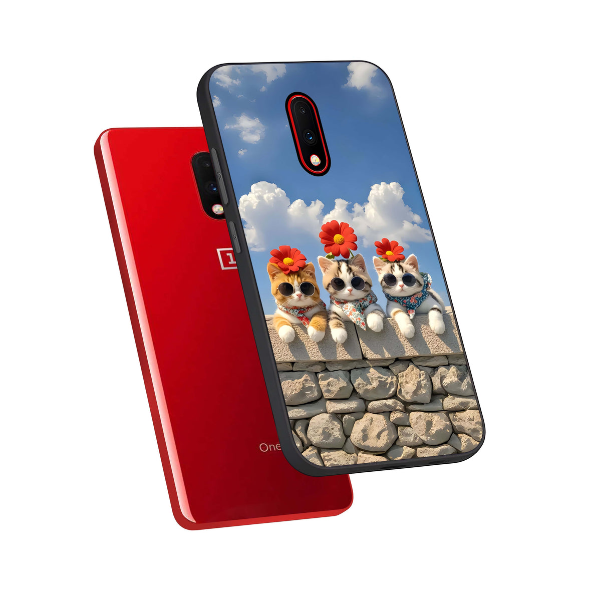  Floral Kitty Squad phone case For OnePlus 7 showing premium glass back cover with detailed artwork