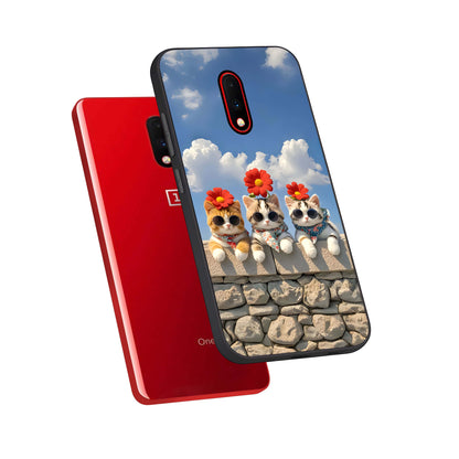  Floral Kitty Squad phone case For OnePlus 7 showing premium glass back cover with detailed artwork