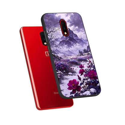  Flower Mountain View phone case For OnePlus 7 showing premium glass back cover with detailed artwork