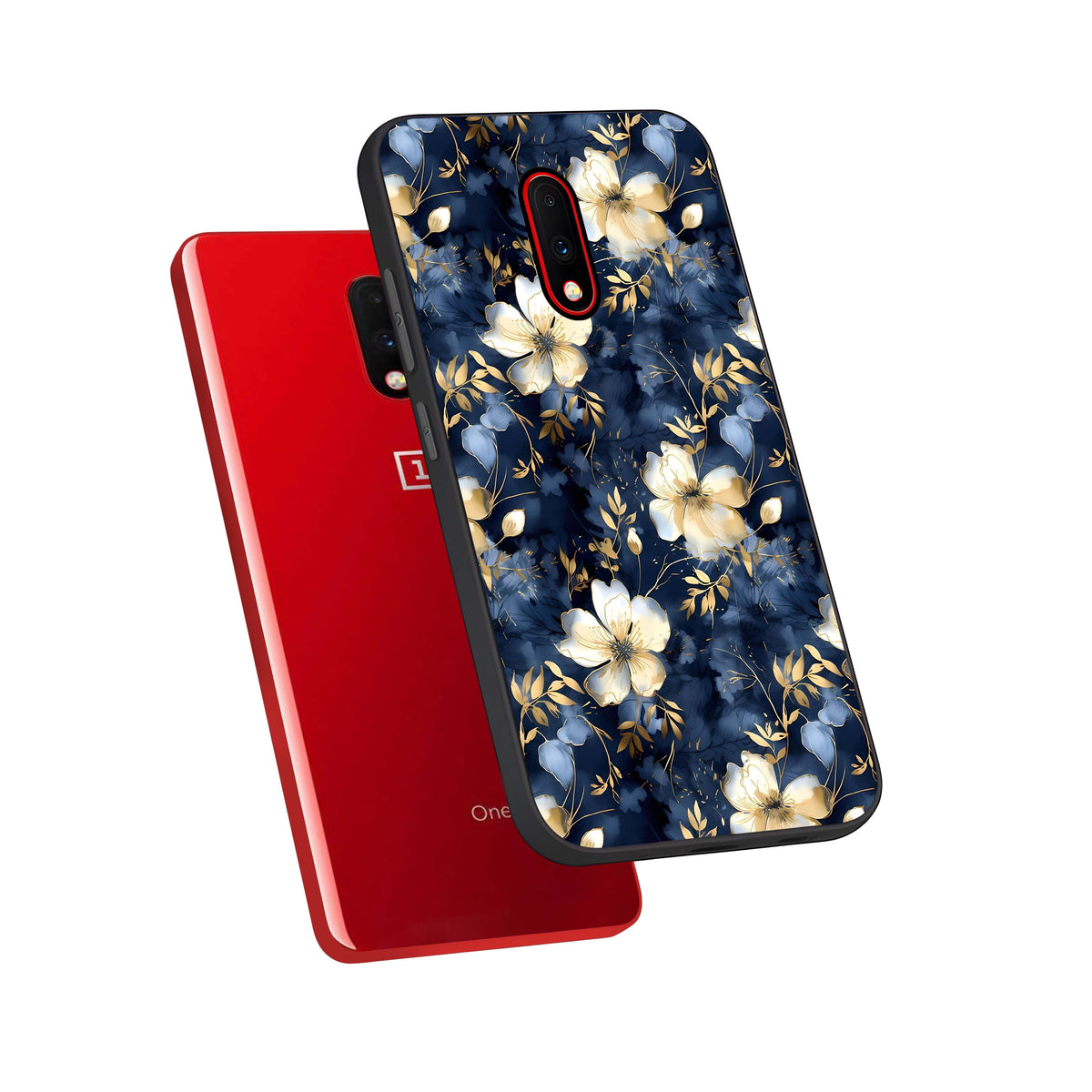  Golden Midnight Bloom phone case For OnePlus 7 showing premium glass back cover with detailed artwork
