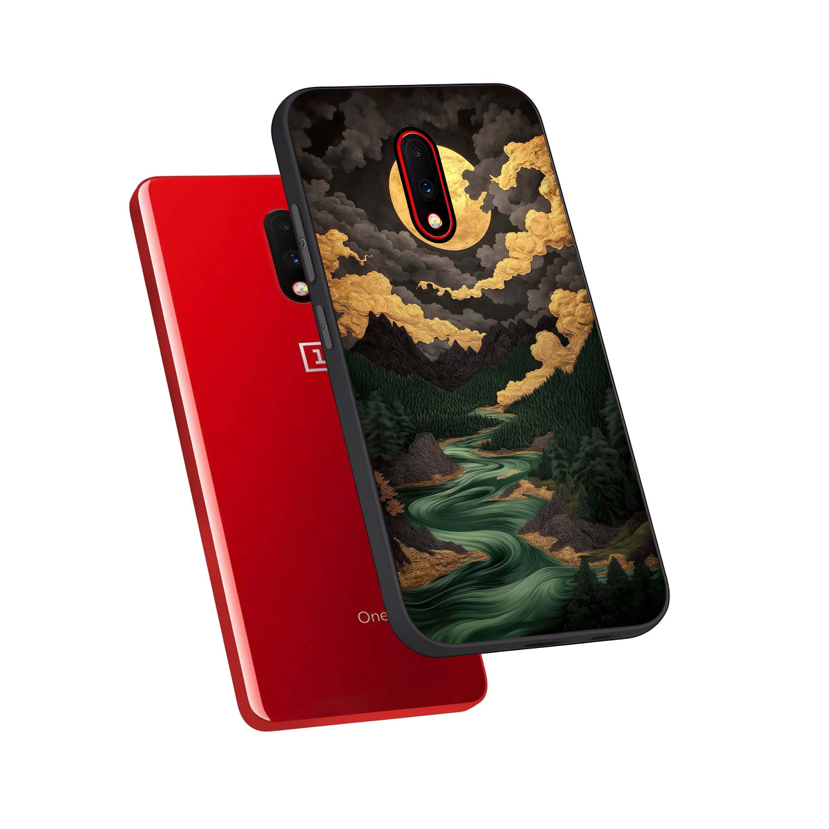 Golden River Moon phone case For OnePlus 7 showing premium glass back cover with detailed artwork