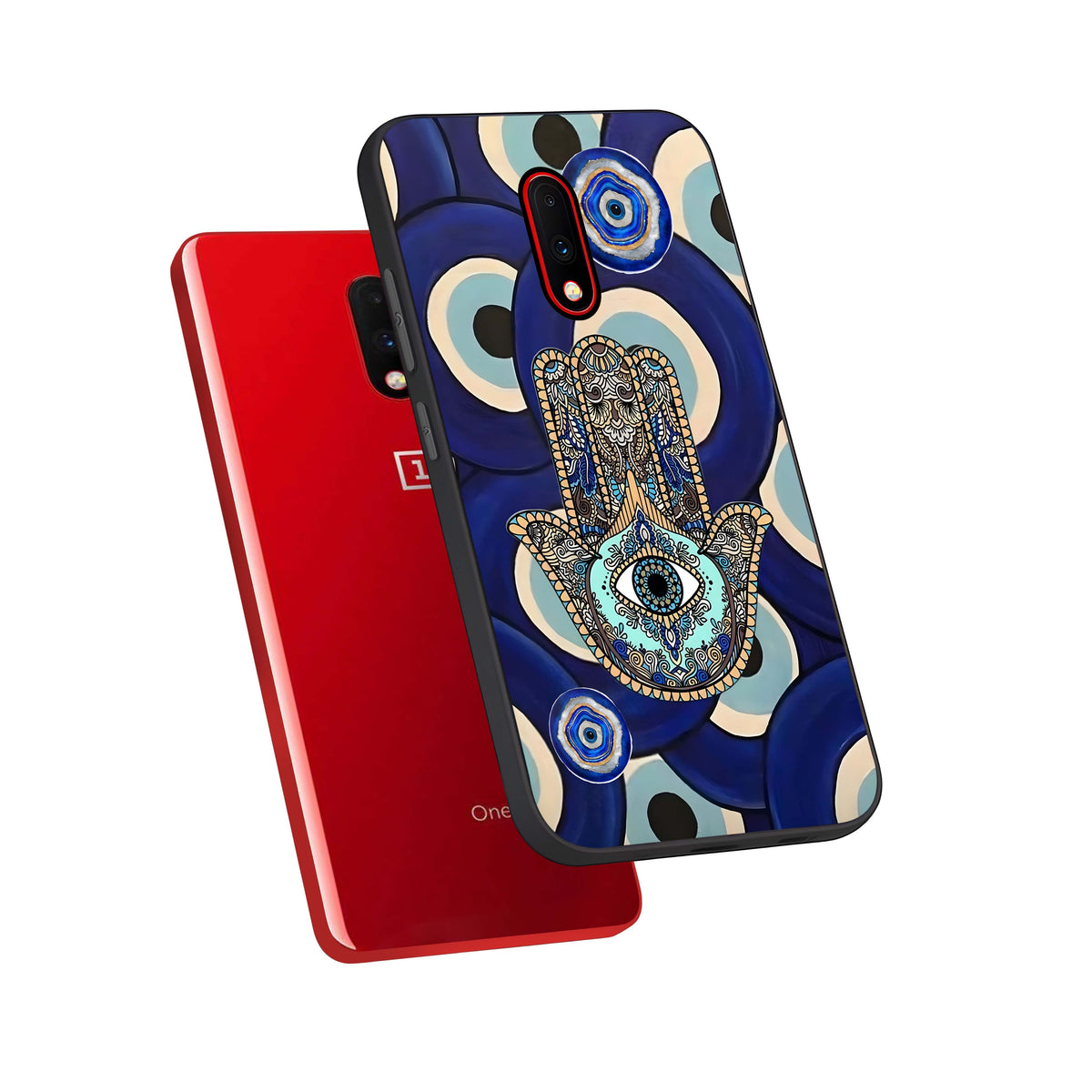  Hamsa Divine Guard phone case For OnePlus 7 showing premium glass back cover with detailed artwork
