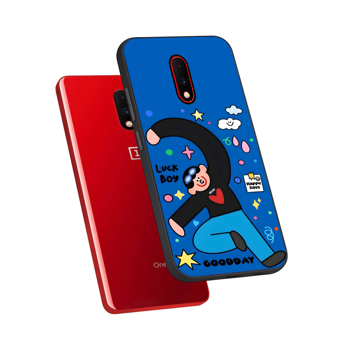  Happy Luck Vibe phone case For OnePlus 7 showing premium glass back cover with detailed artwork