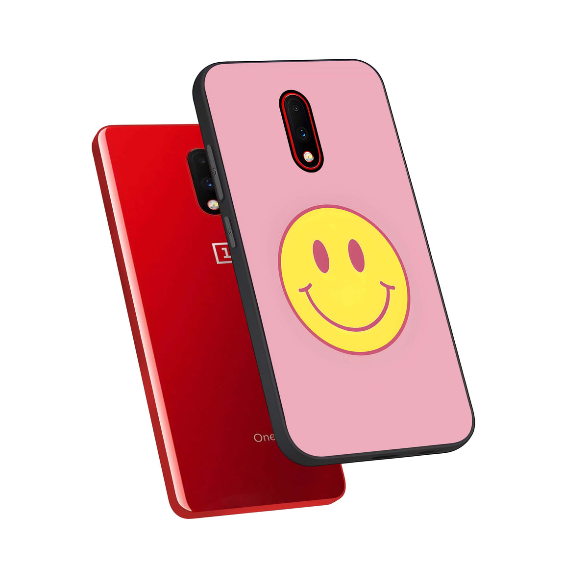  Happy Pink Mood phone case For OnePlus 7 showing premium glass back cover with detailed artwork