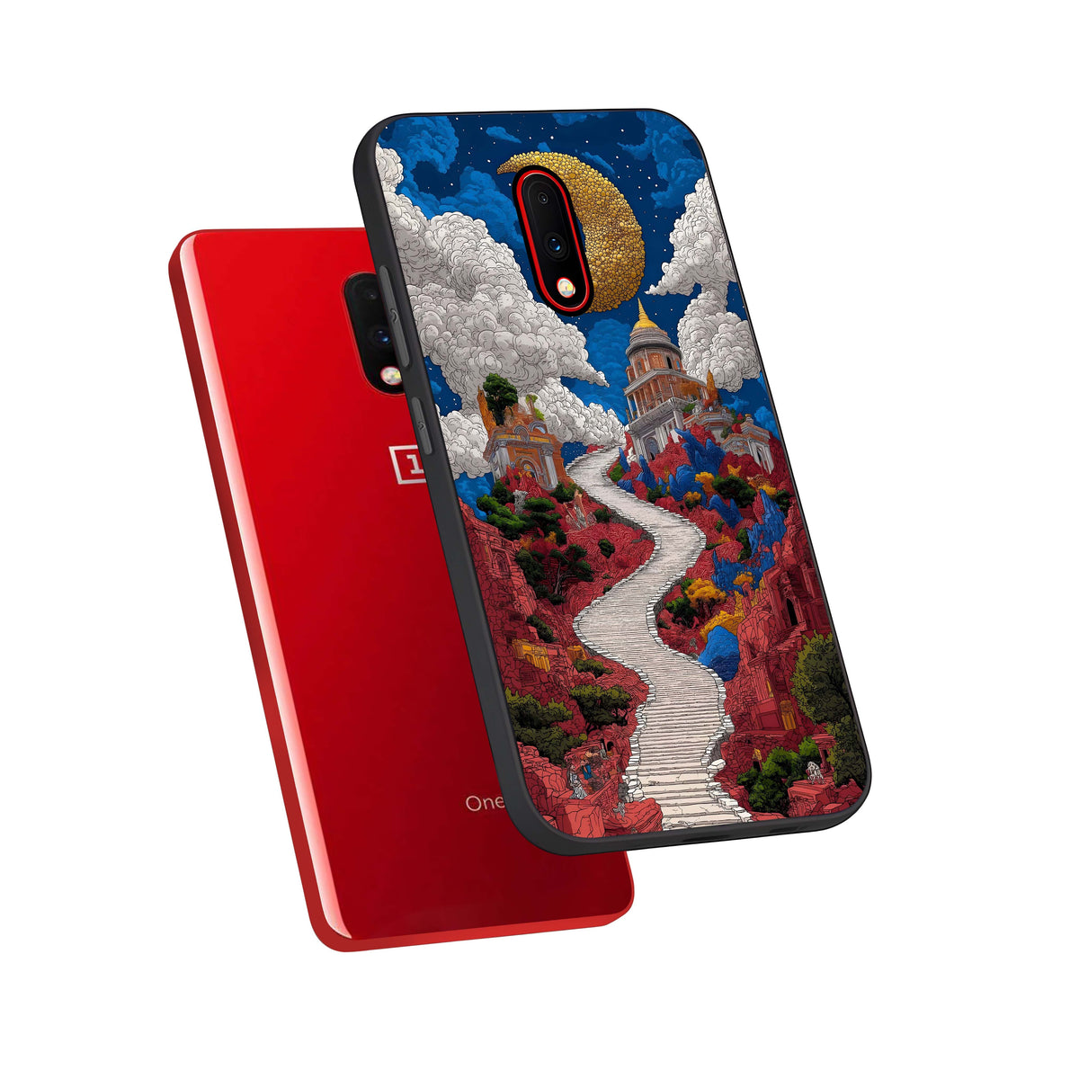 Heavenly Moon Path phone case For OnePlus 7 showing premium glass back cover with detailed artwork