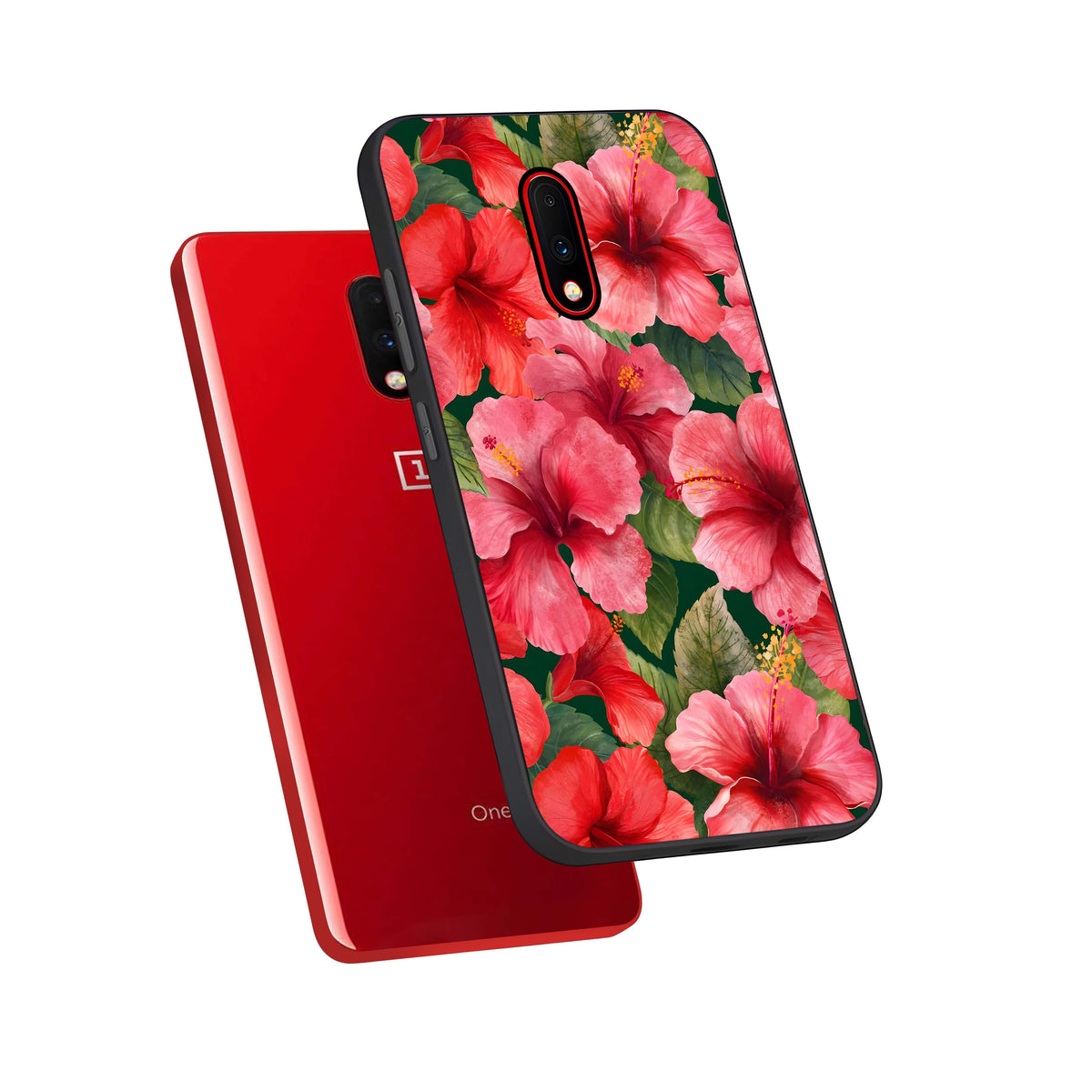  Hibiscus Pattern phone case For OnePlus 7 showing premium glass back cover with detailed artwork