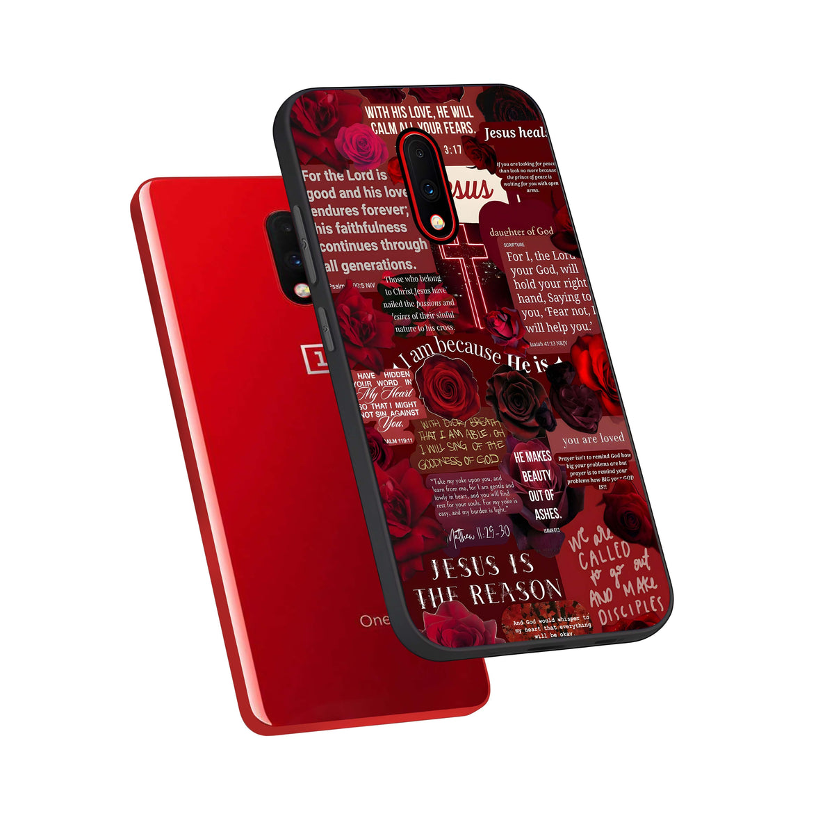  Jesus Love Heals phone case For OnePlus 7 showing premium glass back cover with detailed artwork