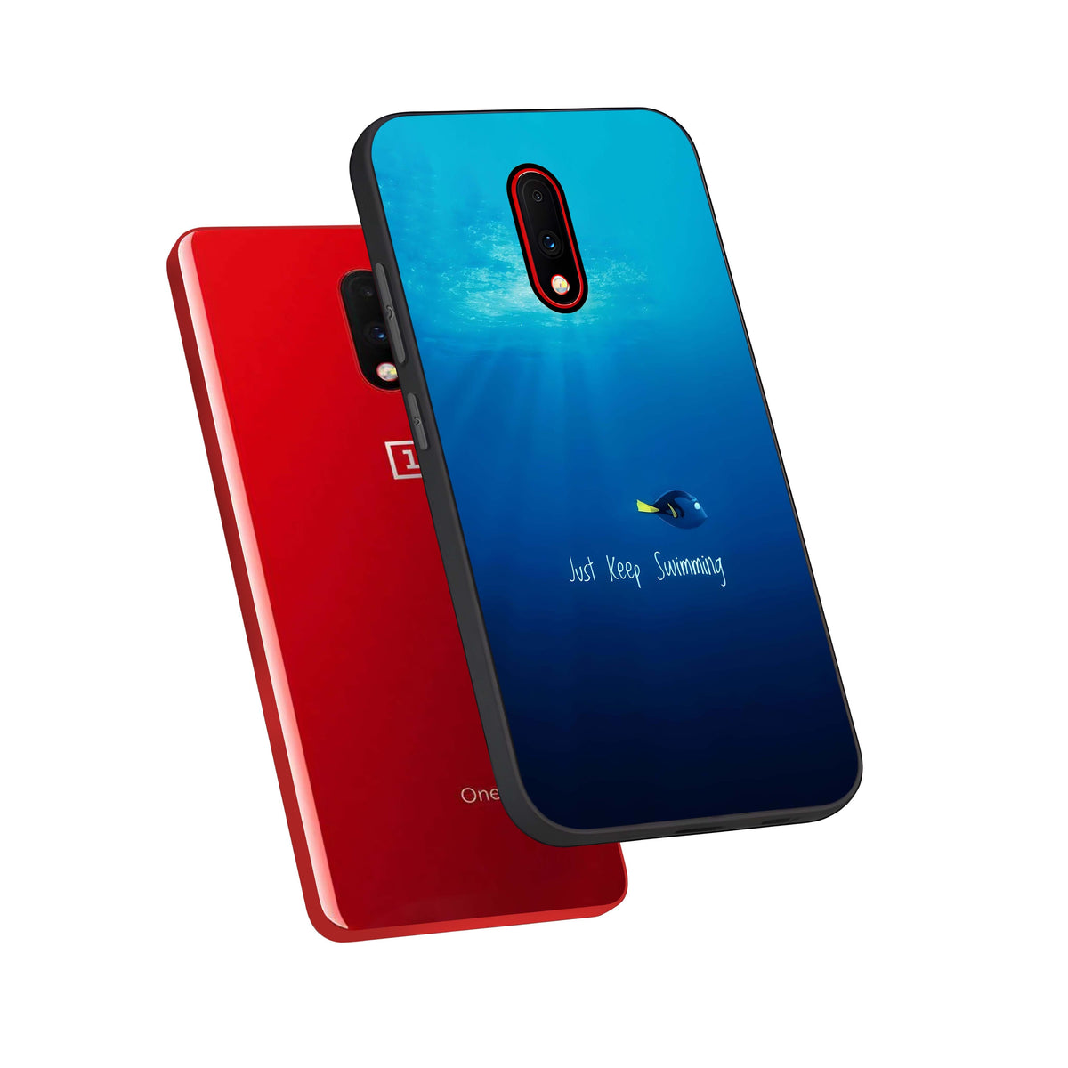  Just Keep Swimming phone case For OnePlus 7 showing premium glass back cover with detailed artwork
