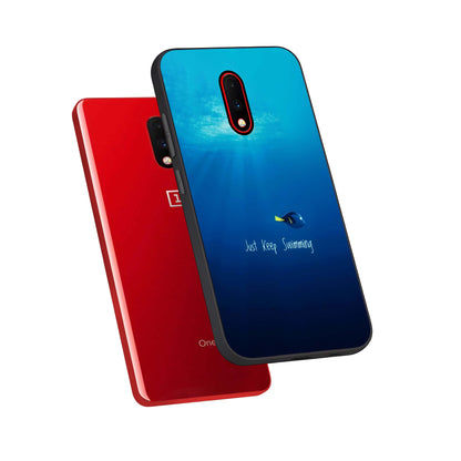  Just Keep Swimming phone case For OnePlus 7 showing premium glass back cover with detailed artwork