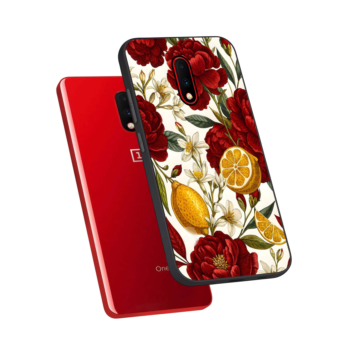  Lemon Rose Charm phone case For OnePlus 7 showing premium glass back cover with detailed artwork