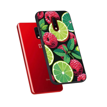  Lime and Raspberry Pattern phone case For OnePlus 7 showing premium glass back cover with detailed artwork