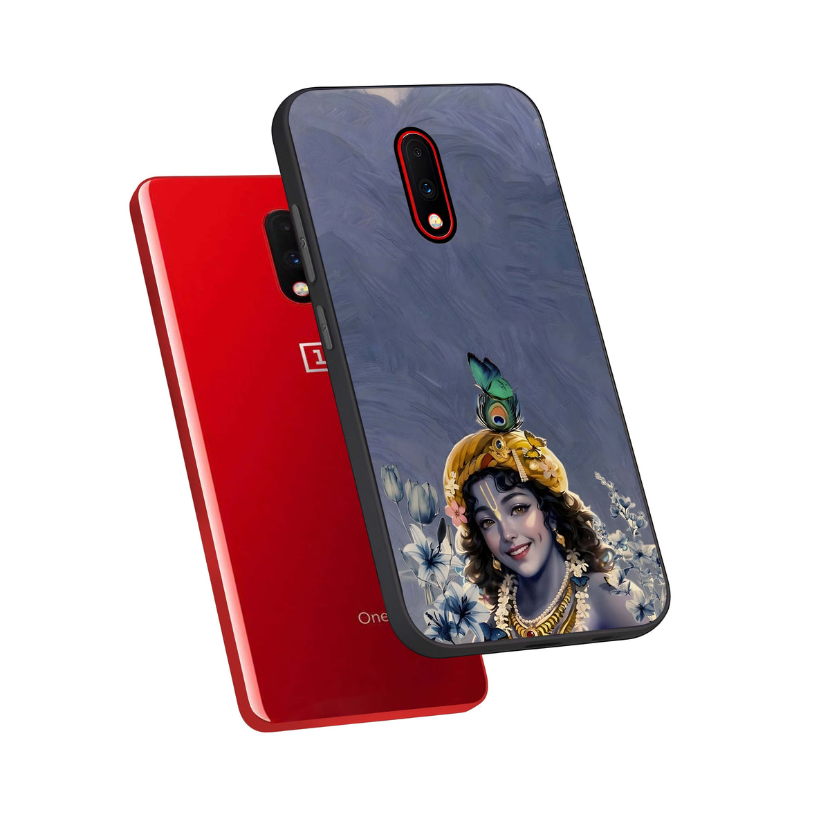  Lord Krishna phone case For OnePlus 7 showing premium glass back cover with detailed artwork