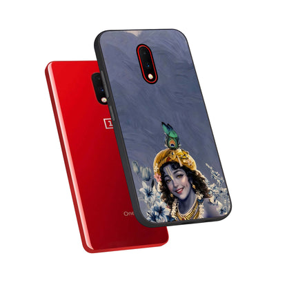  Lord Krishna phone case For OnePlus 7 showing premium glass back cover with detailed artwork