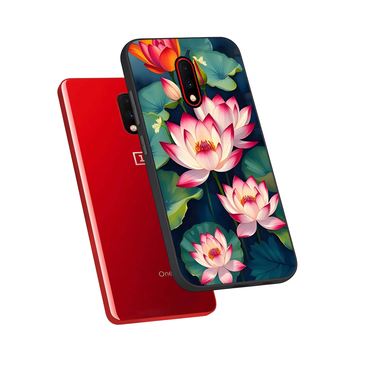  Lotus Dream Serenity phone case For OnePlus 7 showing premium glass back cover with detailed artwork