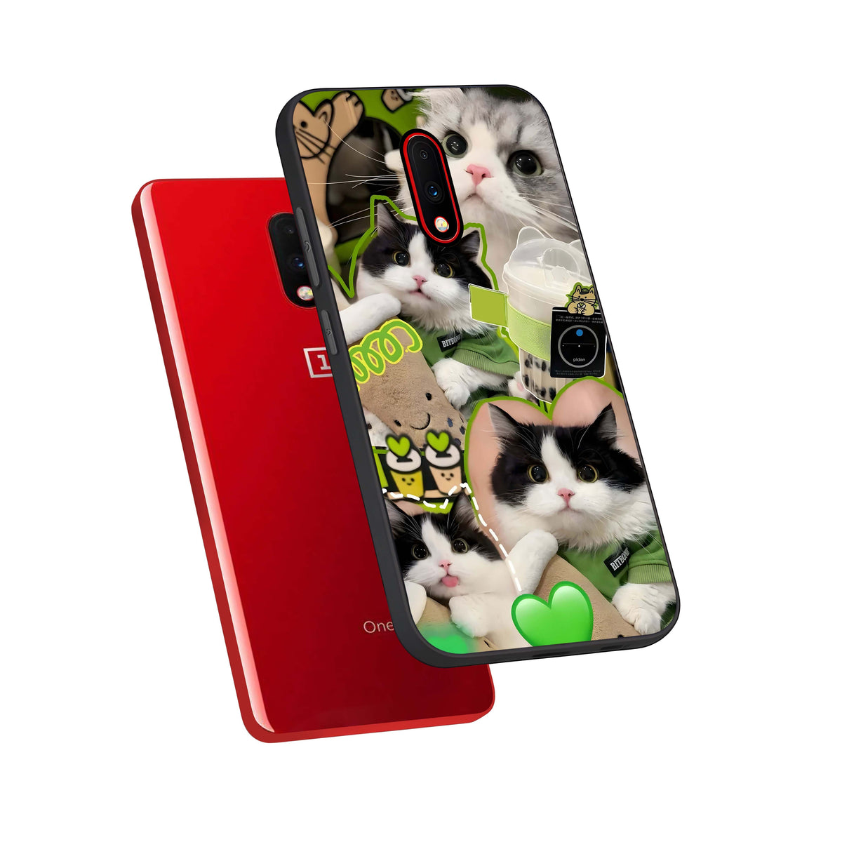  Matcha Cats Mood phone case For OnePlus 7 showing premium glass back cover with detailed artwork