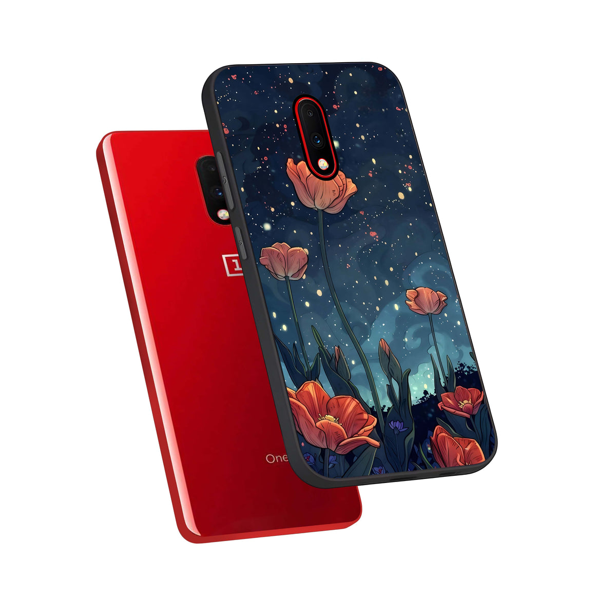  Midnight Tulip Glow phone case For OnePlus 7 showing premium glass back cover with detailed artwork