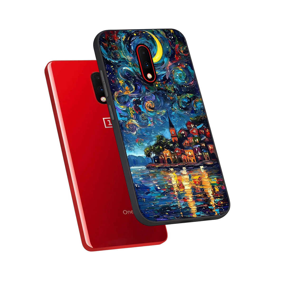  Moonlight Harbor Glow phone case For OnePlus 7 showing premium glass back cover with detailed artwork