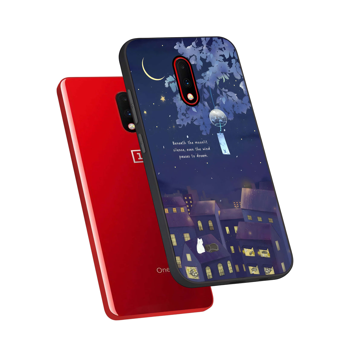  Moonlit Cat Silence phone case For OnePlus 7 showing premium glass back cover with detailed artwork