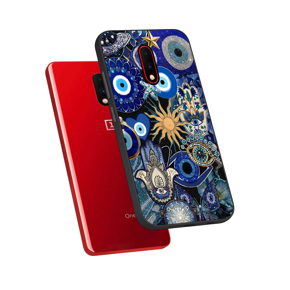  Mystic Blue Evil Eye phone case For OnePlus 7 showing premium glass back cover with detailed artwork