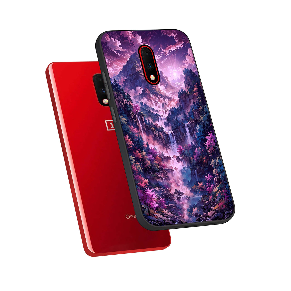  Mystic Cascade Peaks phone case For OnePlus 7 showing premium glass back cover with detailed artwork