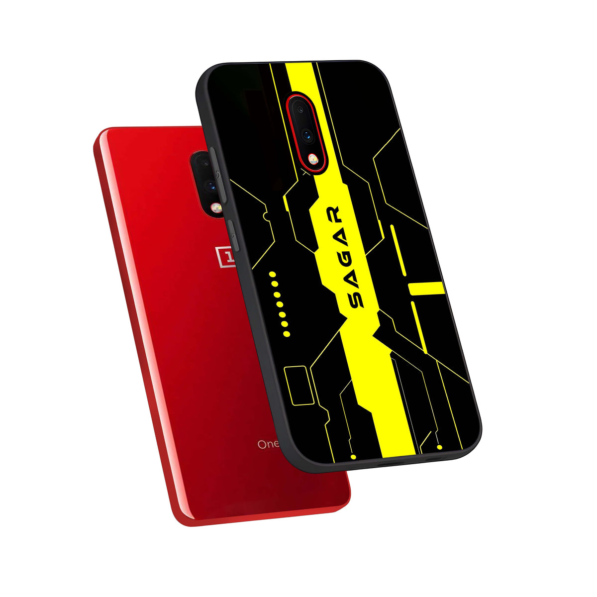  Neon CYBERPUNK Custom Name phone case For OnePlus 7 showing premium glass back cover with detailed artwork