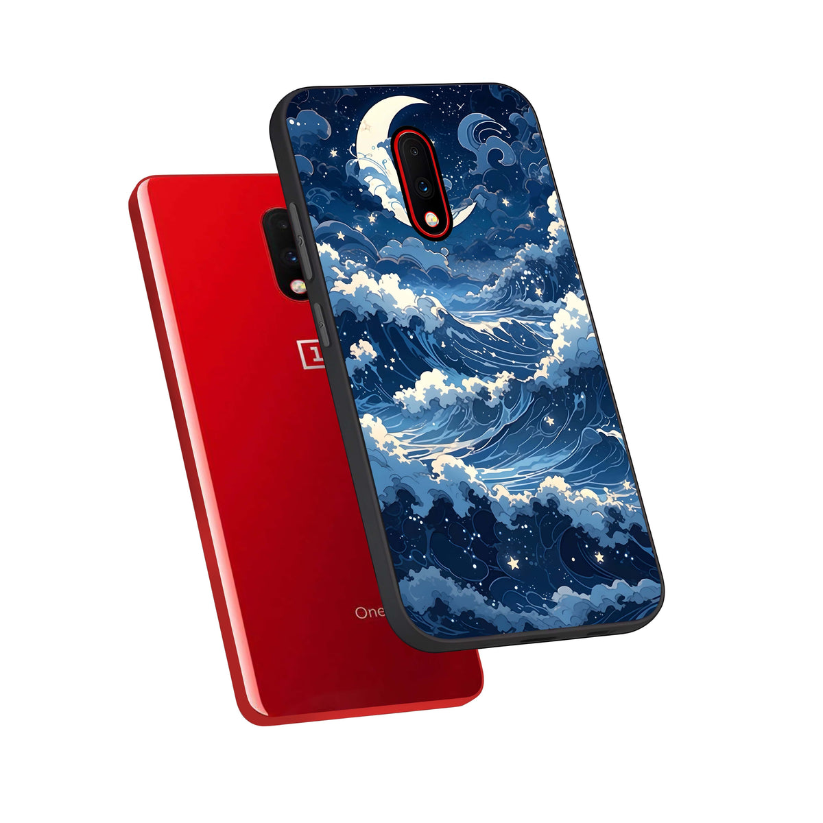  Ocean Moon Waves phone case For OnePlus 7 showing premium glass back cover with detailed artwork