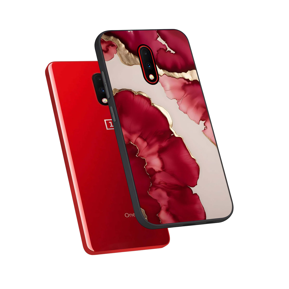  Pink And White Marble phone case For OnePlus 7 showing premium glass back cover with detailed artwork