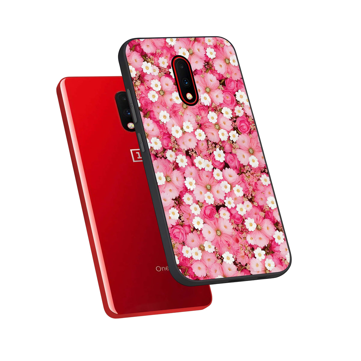  Pink Daisy Bliss phone case For OnePlus 7 showing premium glass back cover with detailed artwork