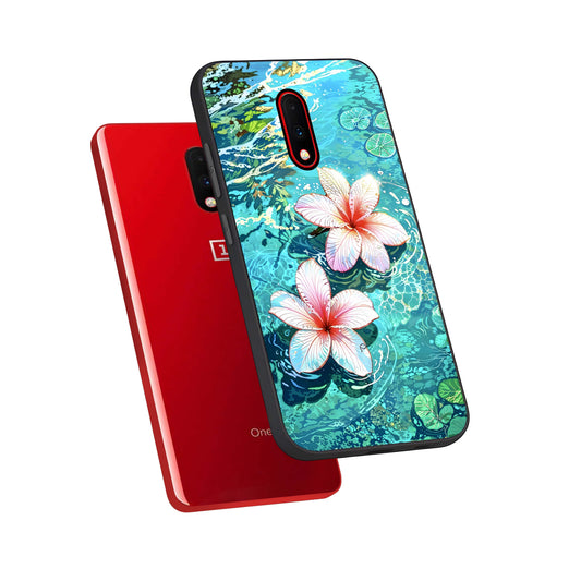  Pink Flowers in Water phone case For OnePlus 7 showing premium glass back cover with detailed artwork