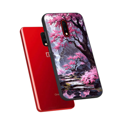  Pink Sunflower Glow phone case For OnePlus 7 showing premium glass back cover with detailed artwork
