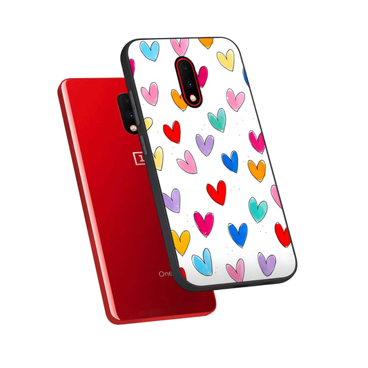  Playful Love Doodles phone case For OnePlus 7 showing premium glass back cover with detailed artwork