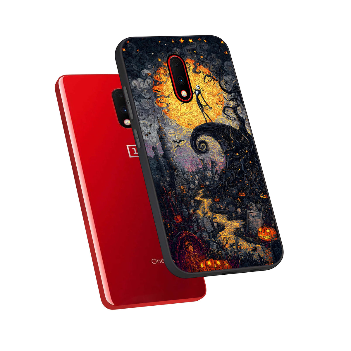  Pumpkin Moon Night phone case For OnePlus 7 showing premium glass back cover with detailed artwork