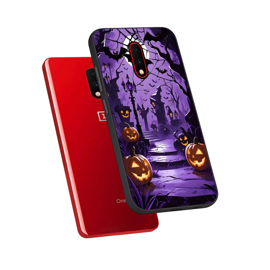  Pumpkin Patch Halloween phone case For OnePlus 7 showing premium glass back cover with detailed artwork