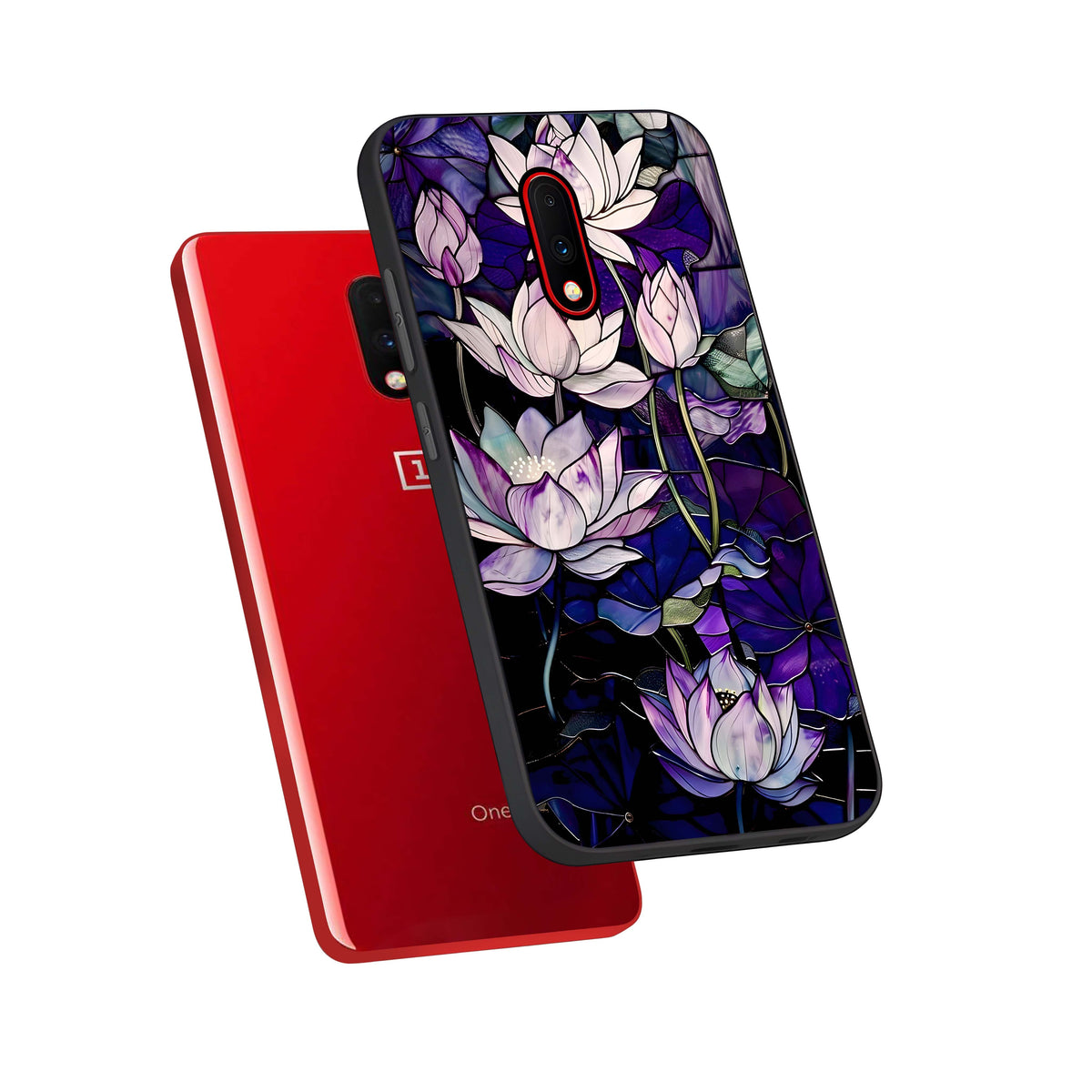  Purple Lotus Pattern phone case For OnePlus 7 showing premium glass back cover with detailed artwork