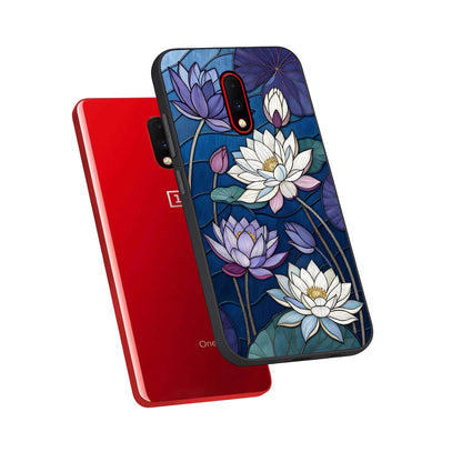  Purple Lotus Stained phone case For OnePlus 7 showing premium glass back cover with detailed artwork