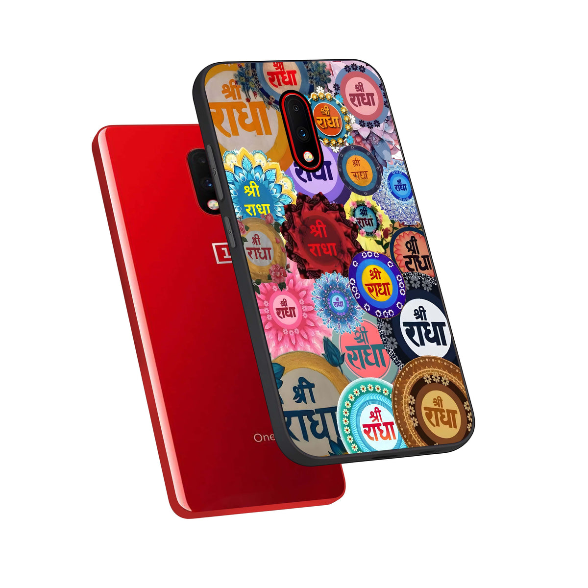  Radha Divine Bloom phone case For OnePlus 7 showing premium glass back cover with detailed artwork