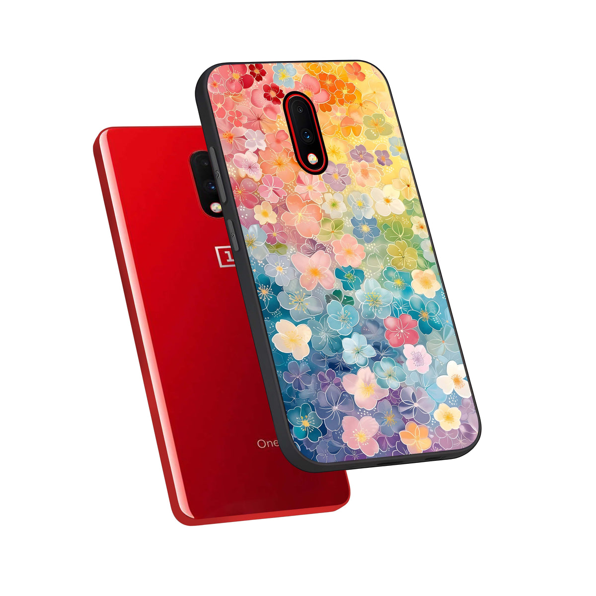  Rainbow Blossom Burst phone case For OnePlus 7 showing premium glass back cover with detailed artwork
